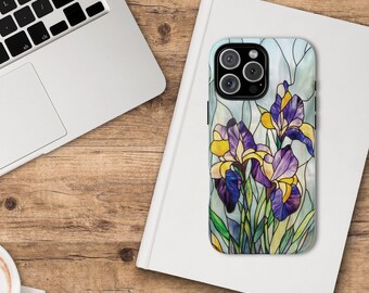 Botanical Tough iPhone Case 16 15 14 13 12 Protective Smart Phone Cover Faux Stained Glass Iris Art Nouveau Case Purple Iris Phone Case