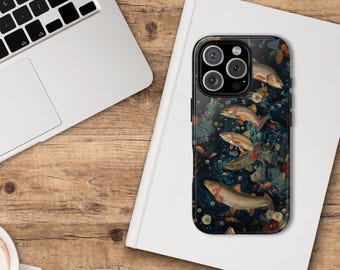 May include: A black phone case featuring a watercolor painting of trout swimming in a dark blue, green, and brown aquatic scene. The case has a glossy finish and a camera lens cutout.