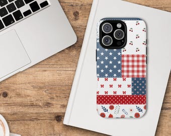 Rood Wit en Blauw Patchwork Telefoonhoesjes voor iPhone 16 15 14 13 12 Smart Phone Cover 4 juli Smart Phone Tech Accessoires Patriottisch