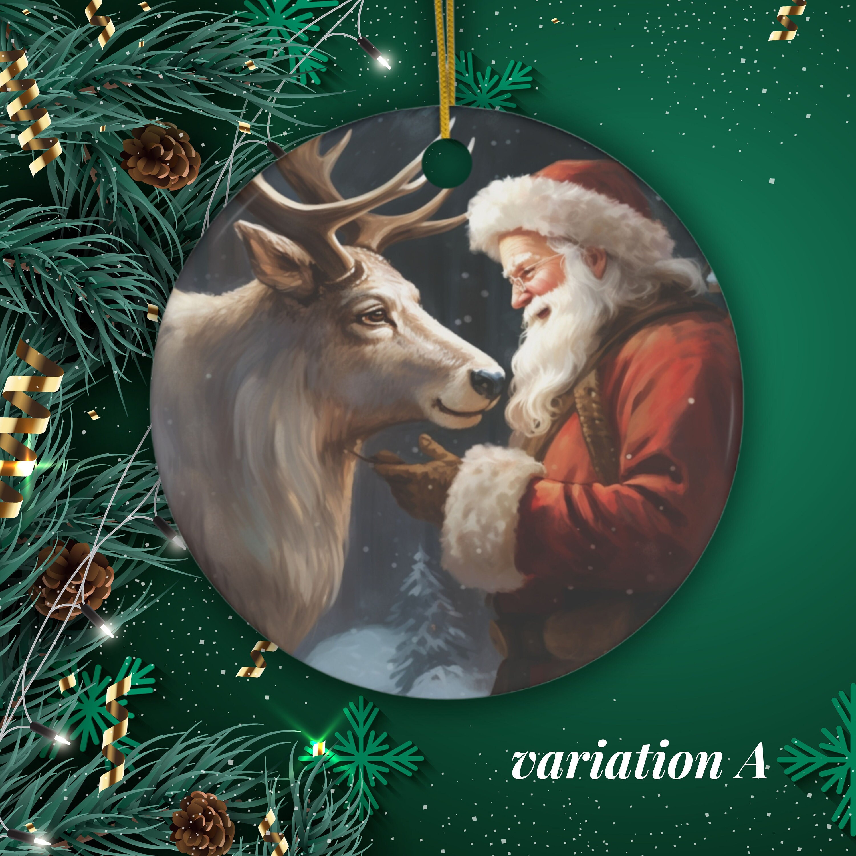 トナカイとサンタクロースの陶器のオーナメント // サンタのホリデー