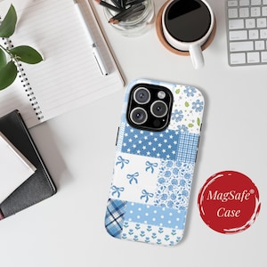 MagSafe® Phone Cases iPhone 16 15 14 Blue Picnic Quilt Patchwork Phone Cover iPhone 16 Floral Tough Protective Phone Case Grandma Chic Gift
