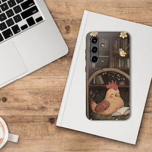 Coque de portable solide Samsung Galaxy avec poulet mignon dans la bibliothèque pour amateur de poulet, cadeau coque de téléphone poule mignonne, accessoire unique pour rat de bibliothèque