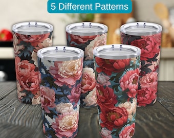 Vaso de 20 onzas con diseño de jardín de peonías // Taza de acero inoxidable inspirada en la naturaleza // Regalo botánico para anfitriona // Taza de café de viaje floral, regalo para mamá