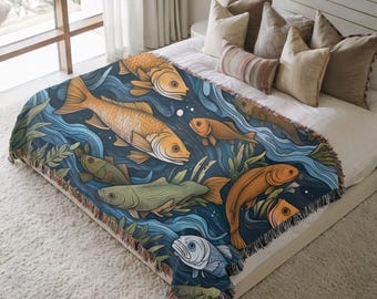 Woven Blanket Fisherman Gift Woven Tapestry Fishing Gift Nature Lover Woven Throw Blanket Cabin Bedding Fish Pattern Rustic Cabin Decor Dad