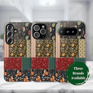 May include: Phone cases with a patchwork design featuring botanical and fox motifs. The cases have a mix of colors including red, green, and beige. The text "Three Brands Available" is on a green circle.