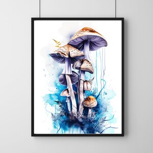 Impresión artística de acuarela de hongos etéreos: Follaje fantástico (Descarga digital)