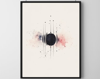 May include: A black and white abstract art print with a circle in the center and lines radiating out from it. The background is a soft pink and blue watercolor wash.
