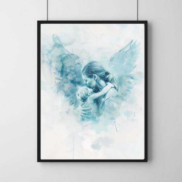 Ethereal Mother's Love Print - Angelic Baby & Mom Embracing Child, Pastel Blue Watercolor Art, Dreamy Mood, Serene Setting, High Resolution