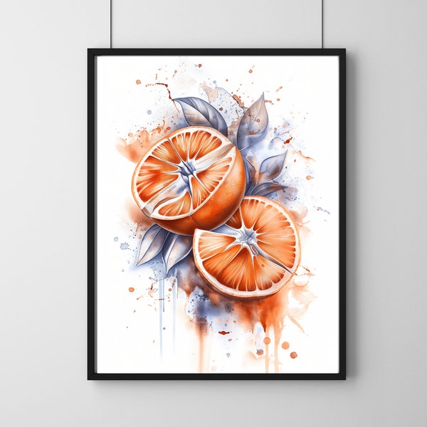 Tangerine Citrus Slices Art Print | Orange Juice Splash Watercolor | Tattoo Design Style | Ultra Detailed Realism | Kitchen Wall Deco | 2024