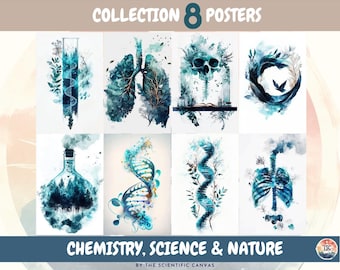 May include: Collection of 8 posters featuring watercolor illustrations of chemistry, science, and nature themes. The posters include images of a test tube, lungs, a skull, a DNA strand, and a rib cage. The text "CHEMISTRY, SCIENCE & NATURE" is displayed.