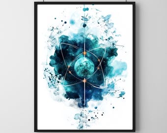 Lámina artística de átomo cósmico: Decoración STEM inspirada en Niels Bohr (Descarga digital)