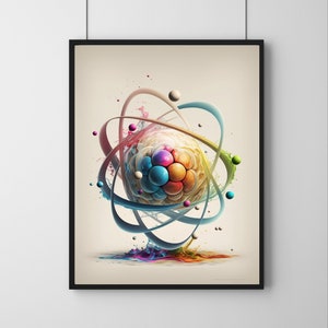 May include: Abstract art print featuring a colorful, 3D atom-like structure with swirling lines and spheres. The atom is surrounded by a splash of colorful paint.