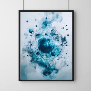 Könnte beinhalten: Abstrakter Kunstdruck mit einem blauen Planeten, umgeben von einem geometrischen Muster und einem aquarellartigen Hintergrund.