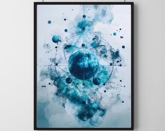 Lámina artística de átomo cósmico: Decoración científica abstracta (descarga digital)