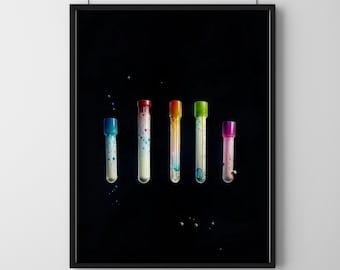 Coleção de tubos de coleta de sangue em aquarela colorida. Arte contemporânea em aquarela. Download digital. Impressão em pôster. Galeria de Arte Científica | Equipe de laboratório e enfermeiros.