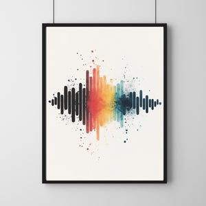 Op de afbeelding: Abstracte kunstprint met een kleurrijke geluidsgolf met een regenboogkleurige gradiënt en zwarte lijnen. De achtergrond is wit.