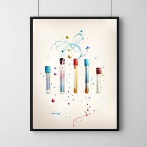 Puede incluir: Una impresión enmarcada que presenta una ilustración en acuarela de varios tubos de ensayo con líquidos y tapas de colores. Salpicaduras de pintura azul, amarilla y roja rodean los tubos, creando una composición dinámica. El fondo es de color blanco roto.