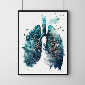 Puede incluir: Una pintura de acuarela de un par de pulmones, representados como árboles con ramas y hojas. Los pulmones están conectados por una tráquea, que también está representada como un tronco de árbol. La pintura está en tonos de azul y verde, con toques de marrón y blanco.