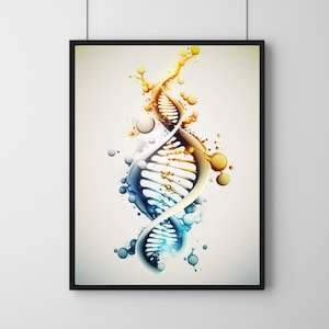 DNA Art Print: Yellow & Blue Double Helix Watercolor (Digital Download)