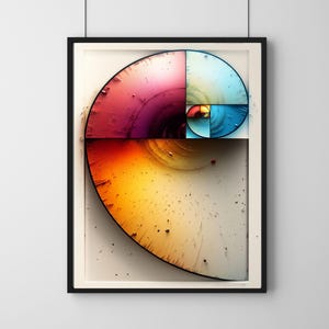 May include: Framed abstract art print featuring a colorful spiral design. The artwork showcases a gradient of colors, including red, purple, yellow, and blue, within a black frame. The spiral is set against a white background, creating a striking visual contrast.