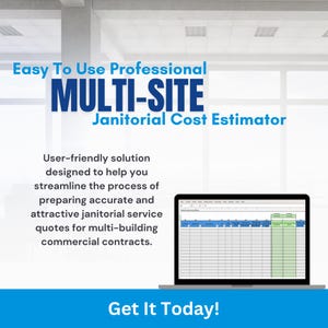 以下が含まれることがあります： 「Easy To Use Professional MULTI-SITE Janitorial Cost Estimator」というテキストが書かれた青と白のグラフィック。グラフィックには、青と白のラップトップを背景に、スプレッドシートプログラムのスクリーンショットも含まれています。