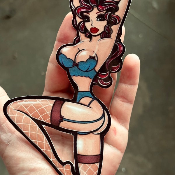 Miss Red pin up girl high quality vinyl decal , burlesque, vintage retro 9 inches tall. Left and right facing
