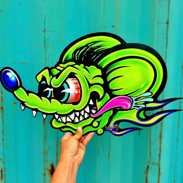 ALUMINIUM Hot Rod Rat met tong metalen bordkunst, blikken borden, garagekunst, hot rod kunst, autokunst, racen, snelheid, gas/olie, mobilolie, 5 maten