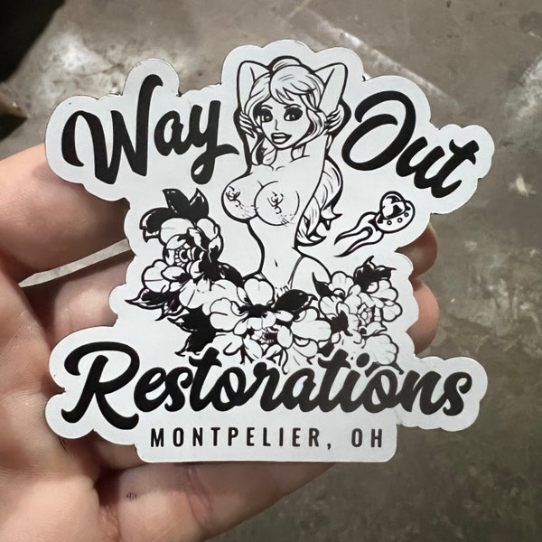 Way Out Restorations LOGO Pin Up Gal Die Cut Magnet, black and white, Tool box magnet