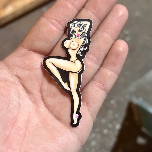 Itty Bitty Pretty One blonde bombshell pin up girl high quality vinyl decal/ sticker, erotic art, boobs, nude lingerie, risqué,