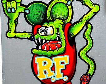 Aluminum Crazy Eyez hot rod rat metal sign art, tin sign, hot rod art, weirdo, sign language I love you sign