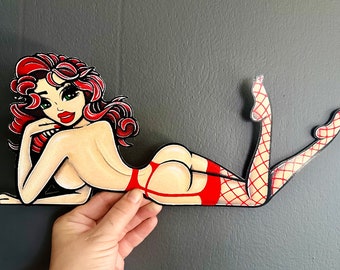 Aluminum “Roxie Wildcat” Pin Up Girl metal sign art, tin signs, garage art, hot rod art, retro, pin up, red head bombshell