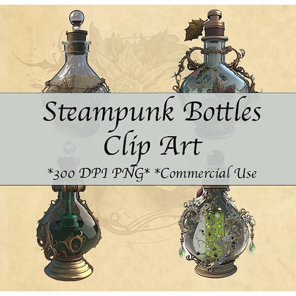 Steampunk Potion Bottle Clip Art - Instant Download, Altered Art, AI-Generated Digital Prints, Fantasy Wall Art Collection, Commercial Use