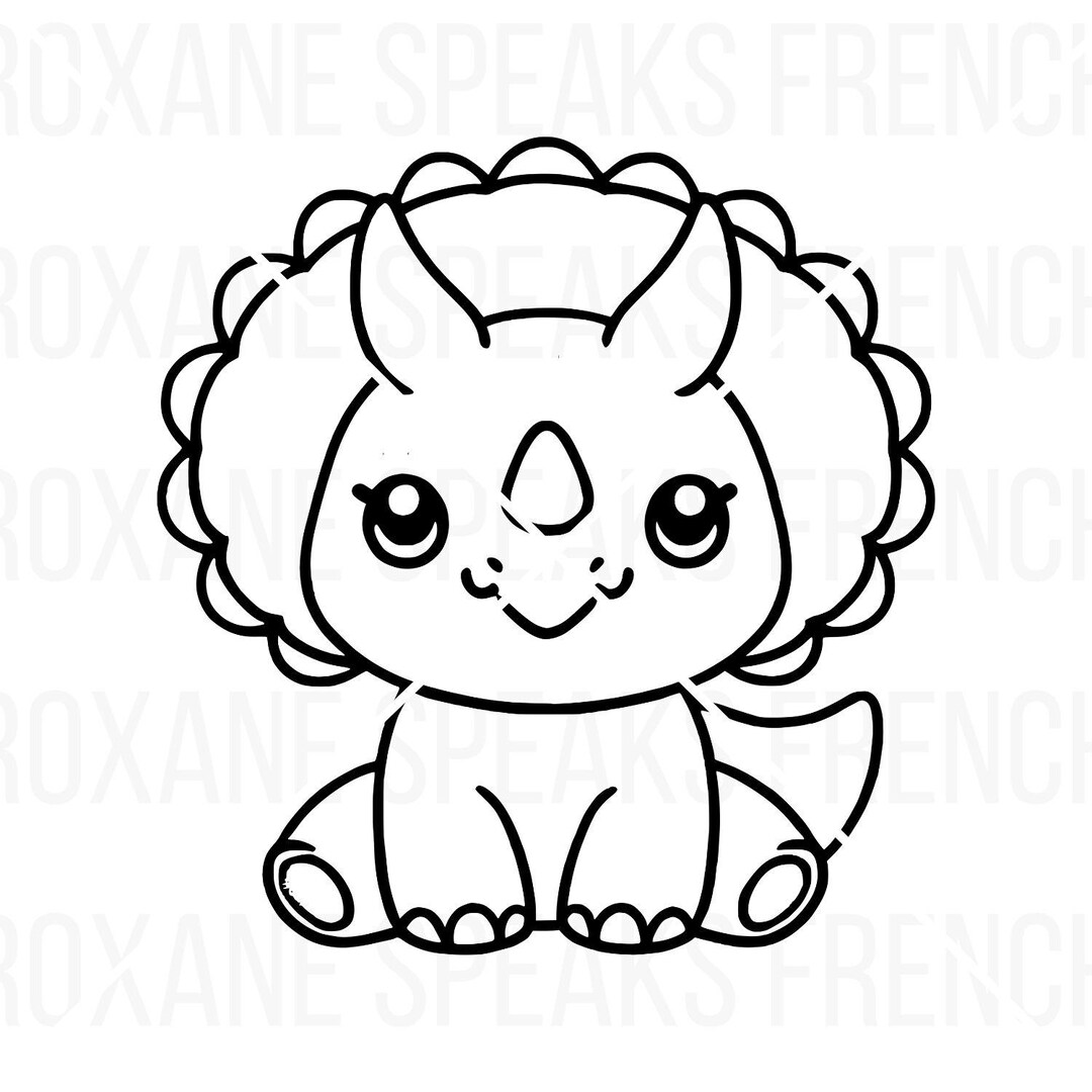 Cartoon Triceratops SVG and Clipart Outline - Cute Kawaii Dinosaur PNG ...