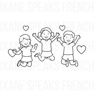 Niños saltando con corazones SVG PNG Clipart – Esquema de niños divertidos para manualidades en el aula y proyectos de bricolaje