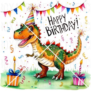 Clipart di dinosauri di buon compleanno - Dinosauro carino con palloncini PNG sfondo trasparente - Festa di compleanno stampabile