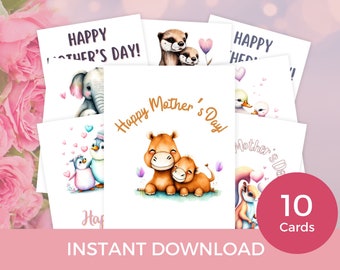 Pacchetto festa della mamma, 10 biglietti d'auguri, download istantaneo, download e stampa, stampabile, carta animale carino, cuccioli di animali, mamma e bambino