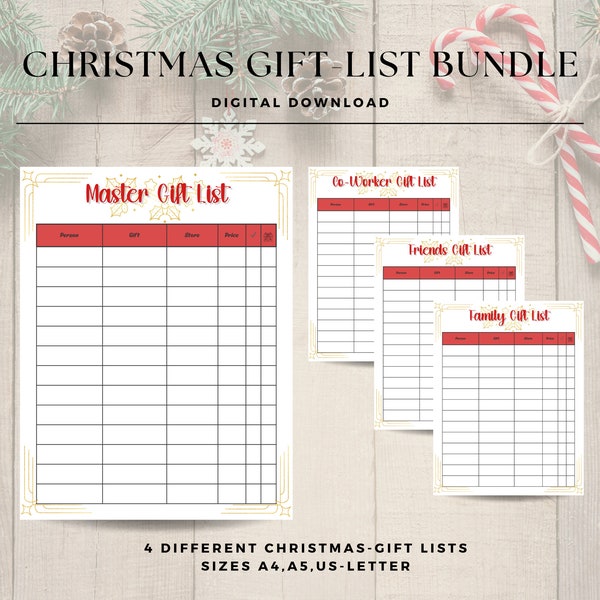 Christmas Gift List Bundle / Master-, Friends-, Family-, Coworker-Gift Lists / A4/A5/US Letter / Instant download / PDF Files / printable