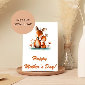 Tarjeta del Día de la Madre, imprimible instantáneamente, interior en blanco, impresión en casa, animales lindos, madre e hijo, descarga instantánea, regalo del Día de la Madre