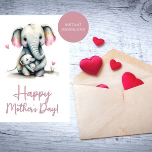 Tarjeta del feliz día de la madre imprimible, descarga instantánea en PDF con adorable diseño de elefante, regalo único del día de la madre para los amantes de los animales