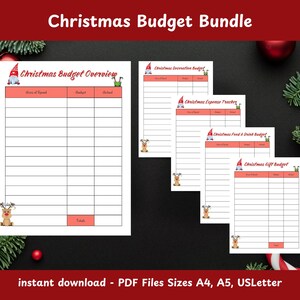 May include: A printable Christmas budget bundle with four pages. The pages include a budget overview, expense tracker, food and drink budget, and gift budget. Each page features a festive illustration of a gnome or reindeer.