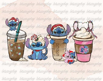 Christmas Stitch coffee cups png, Christmas Stitch png, cute Stitch png, Coffee Love png,Blue Cartoon Coffee Latte Png, Christmas Latte Svg