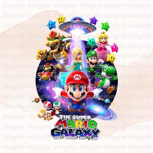 Może przedstawiać: Żywa cyfrowa ilustracja z postaciami z gry wideo "The Super Mario Galaxy". Mario jest w centrum, otoczony przez Luigiego, Księżniczkę Peach i Yoshiego. Obraz ma tło galaktyki i tytuł gry.