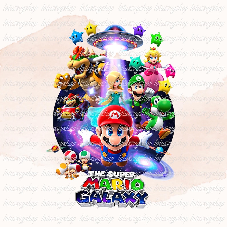 Może przedstawiać: Żywa cyfrowa ilustracja z postaciami z gry wideo "The Super Mario Galaxy". Mario jest w centrum, otoczony przez Luigiego, Księżniczkę Peach i Yoshiego. Obraz ma tło galaktyki i tytuł gry.