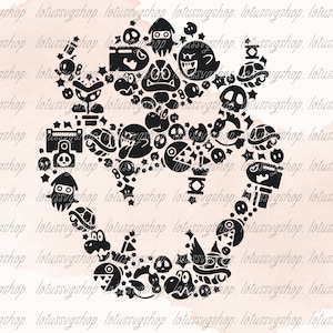 Puede incluir: Silueta en blanco y negro de una forma de corazón compuesta por varios personajes y símbolos de videojuegos. El corazón está lleno de personajes de la franquicia Super Mario Bros., incluidos Mario, Luigi, Bowser y Toad.