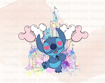 Puede incluir: Un personaje azul Stitch con corazones rosas por ojos sosteniendo dos globos rosas de Mickey Mouse frente a una ilustración de acuarela del Castillo de Cenicienta.