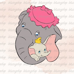 May include: A cartoon illustration of a gray elephant wearing a pink bonnet with a bow. The elephant is holding a smaller gray elephant with a yellow hat.