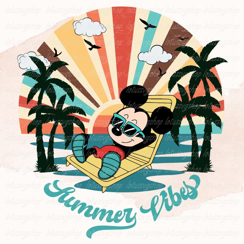 May include: A vintage-style illustration of Mickey Mouse in sunglasses, lounging on a beach chair. The scene includes palm trees, a sunset, and the words "Summer Vibes". The colour palette is warm, with reds, oranges, and blues, creating a summery, holiday atmosphere.