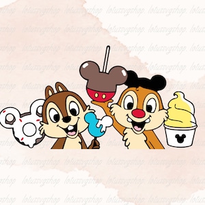 May include: Chip 'n Dale cartoon characters with Mickey Mouse ears and holding Mickey Mouse themed treats. Chip is holding a blue Mickey Mouse ice cream cone and Dale is holding a yellow Mickey Mouse ice cream cup.