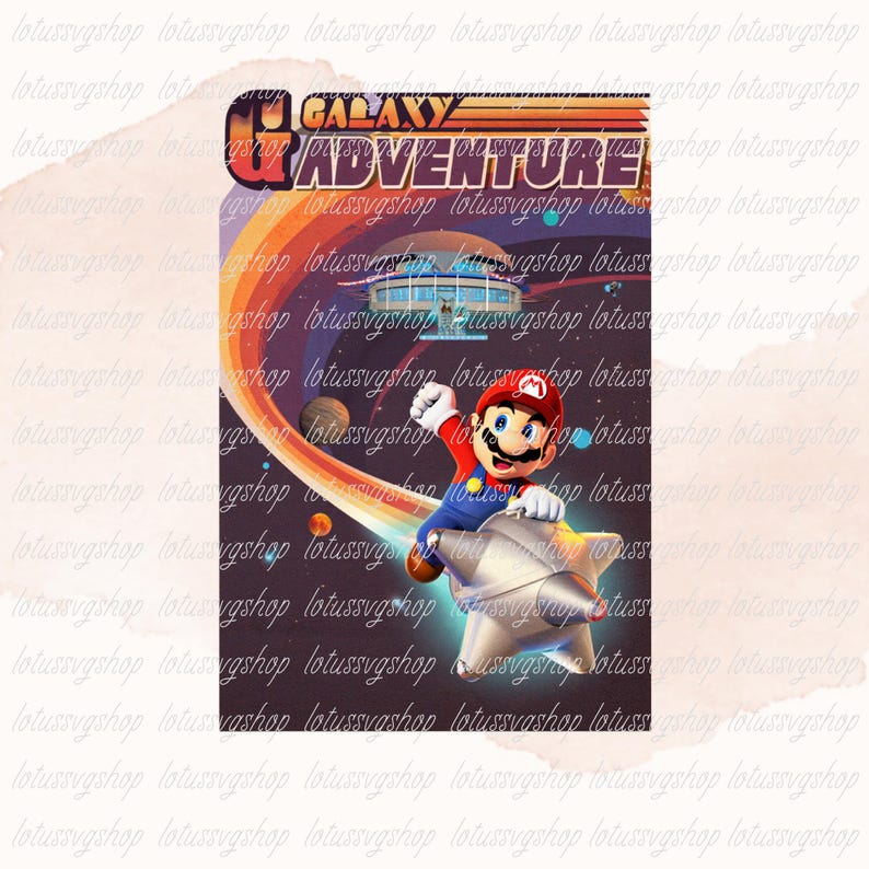 May include: A vintage-style poster featuring Mario from the Super Mario Bros. series. Mario is riding a silver star-shaped vehicle through a colorful rainbow in a space-themed setting. The poster has the text "U Galaxy Adventure".