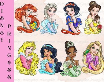Princess PNG Bundle, Princess Belle Clipart, Princess Birthday Party, Elsa clipart, Frozen png, Cinderella Png, Sleeping beauty Princess PNG